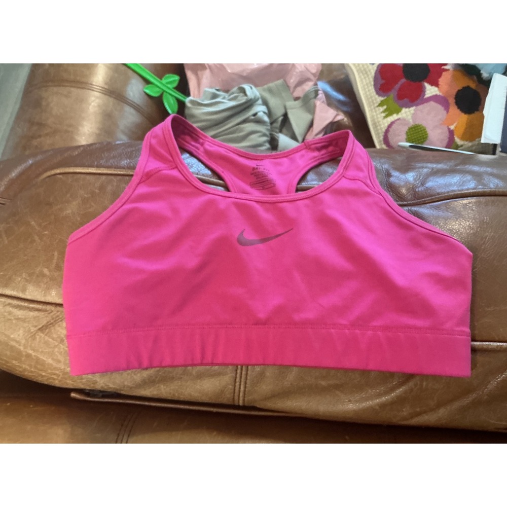 Nike Womens Sports Bra Medium Pink Dri-FIT Racerback Swoosh Logo Activewear